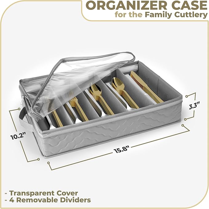 Sorbus Flatware & Utensil Storage - Gray Fabric Chest Box for Storage and Organizing Utensils, Silverware, Flatware, Cutlery - Silverware Organizer Container with Zipper Clear Lid & Adjustable Divider