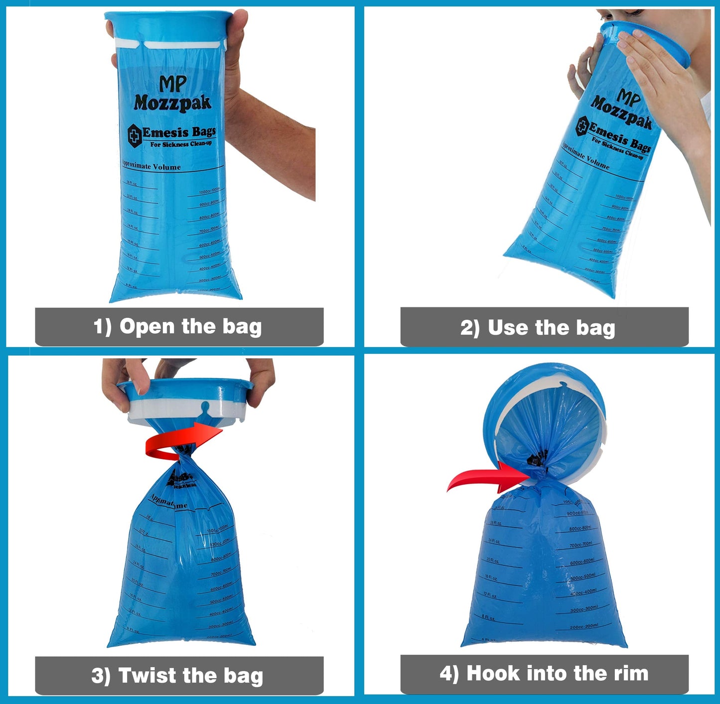 MP MOZZPAK Vomit Bags Disposable 50 Pack - 1000ml Emesis Bags, Leak-Proof Barf Bag, Travel Friendly Puke & Nausea Bag for Motion Sickness, Medical Grade Throw up Relief for Car, AirPlane, & Road Trip