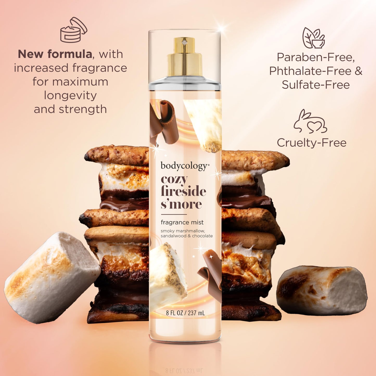 Bodycology Long-Lasting Fragrance Body Mist, Cozy Fireside S'more, 8 Fl Oz, Perfect for Daily Use, Refreshing Scent