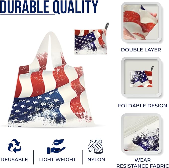 Reusable-Grocery-Bags-Foldable-Machine-Washable-Reusable-Shopping-Bags-5 Pack All American Patriotic 50LBS Extra Large Bags Totes w External Pouch Storage Pouch Lightweight Nylon Fabric