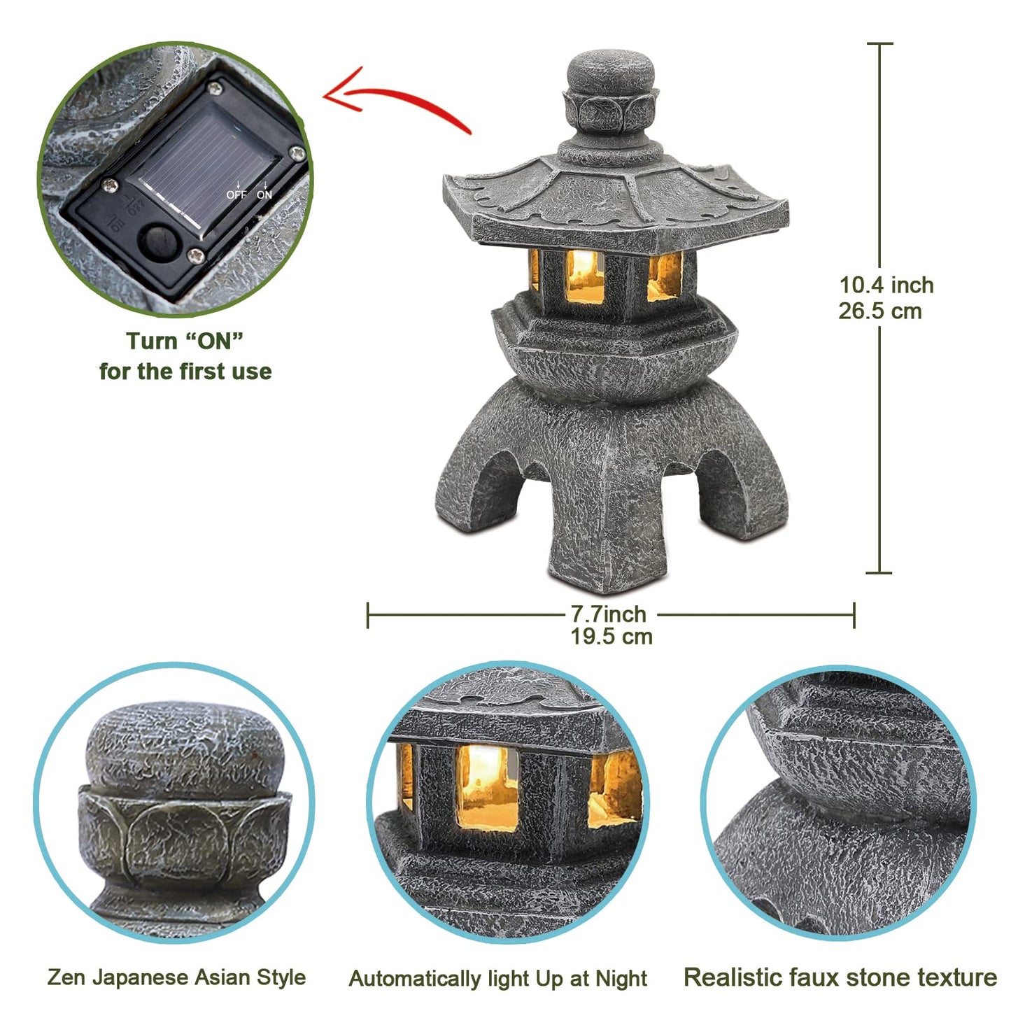 Nacome Solar Pagoda Lantern Garden Statue, Gray Polyresin Outdoor Decor for Patio, Porch, Garden