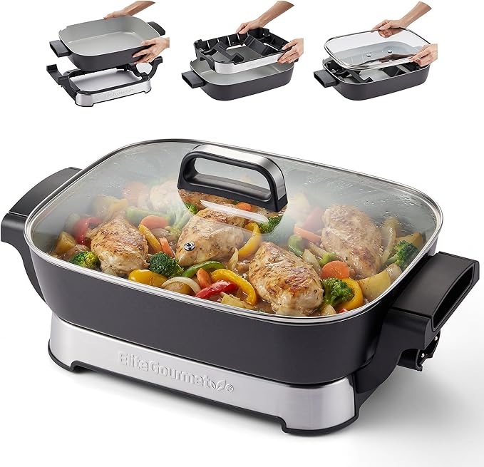 Elite Gourmet EG4403 15" x 12" x 3” Stow-Away Foldable Electric Skillet, Ceralast™ Ceramic Non-stick, 1500W Rapid Heat, Dishwasher Safe Pan & Lid, Black/Gray
