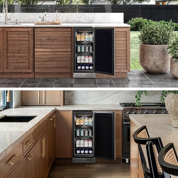 Yeego 15 inch Beverage Refrigerator,100 Cans Beverage Fridge with Lock & Auto Defrost, Stainless Steel Indoor/Outdoor Refrigerator Freestanding or Under Counter Beverage Cooler for Soda, Beer, Wine