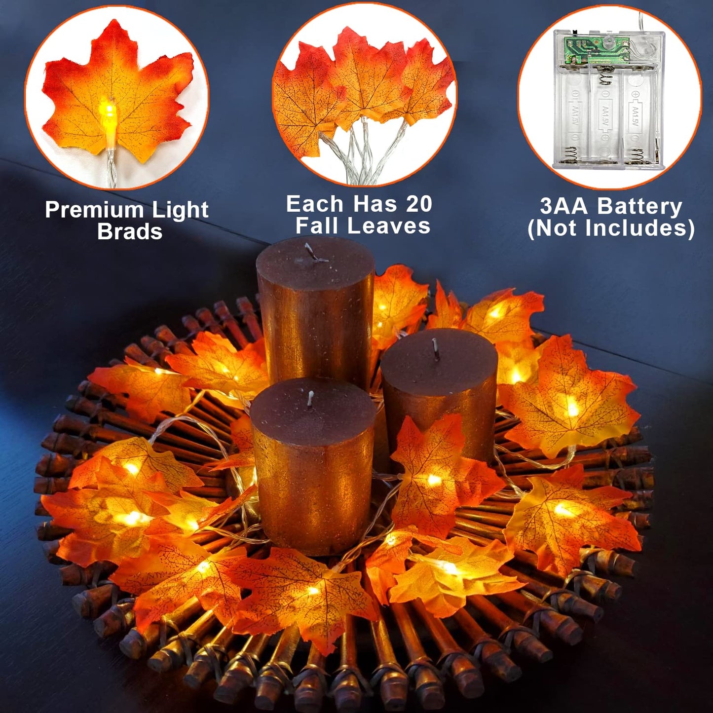 TURNMEON Thanksgiving Decorations 2 Pack Fabric Cloth Maple Leaf Garlands 20Ft 40LED White Waterproof Indoor Outdoor