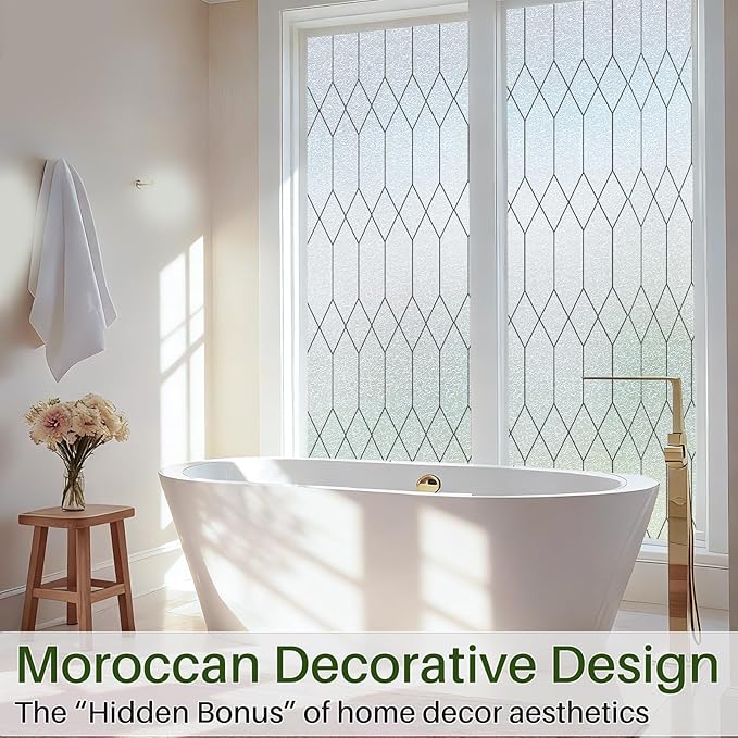 Windimiley Window Privacy Film Stained Glass Static Clings, Bathroom Frosted Leaded Decorative Window Stickers, UV Heat Blocking Opaque Removable for Home Door Coverings (29.5 x 118.1in,Pure)