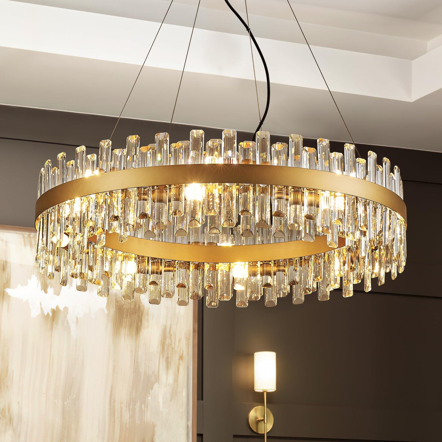 Lighceac 31.9 Gold Modern Crystal Chandelier Light Fixtures stylish 2 Rings Crystal Chandeliers For Dining Room 16-Light Round Hanging Pendant Lighting For Living Room Kitchen Island Entryway Bedroom