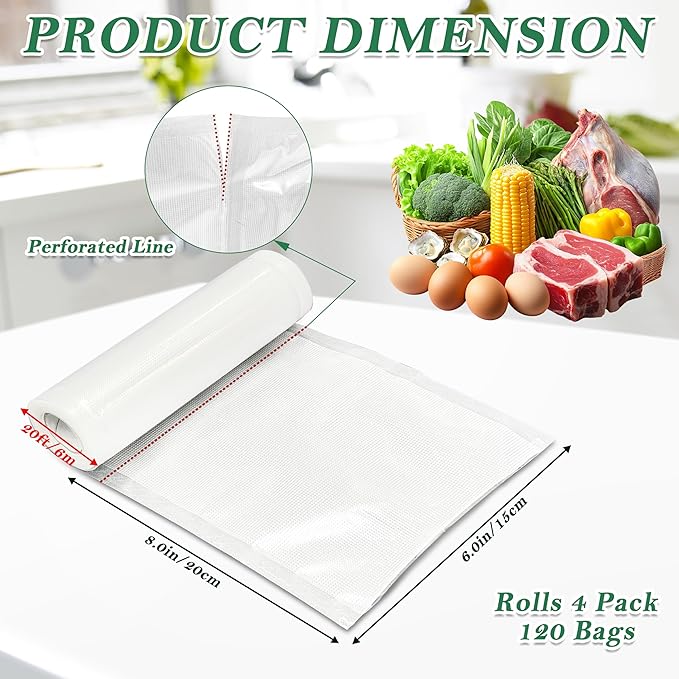 Pre-Cut Perforated Vacuum Sealer Bags Rolls 6x8 Inch,Heavy-Duty Vacuum Sealer Roll Bags 4 Rolls 120 Tear Off Bags,Easy-Tear Food Grade Storage Bags for Sous Vide, Freezer & Meat (BPA Free)