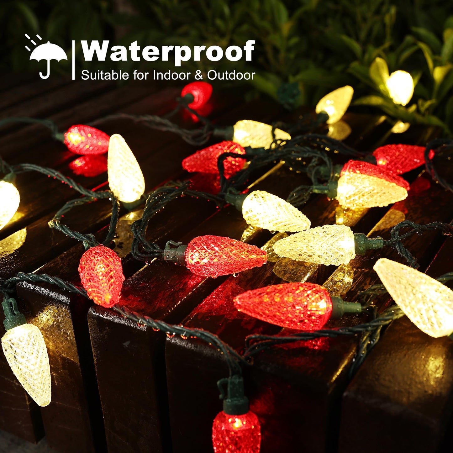 Brizled Red & Warm White Christmas Lights  66Ft 100 Led C9 Christmas Lights  Connectable Outdoor Faceted Strawberry Light String  120V Ul Certified Indoor Xmas Tree Light For Home Holiday Party Decor