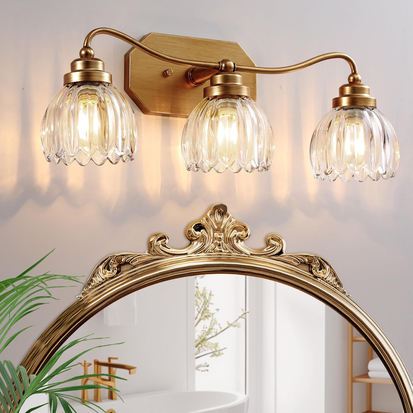 Cmnvmn Vintage Bathroom Light Fixtures  Gold Bathroom Vanity Light  Matte Antique Brass Finish With Crystal Glass Shade  Wall Sconces Lighting For Bedroom  Living Room  Hallway (Gold  3-Light)