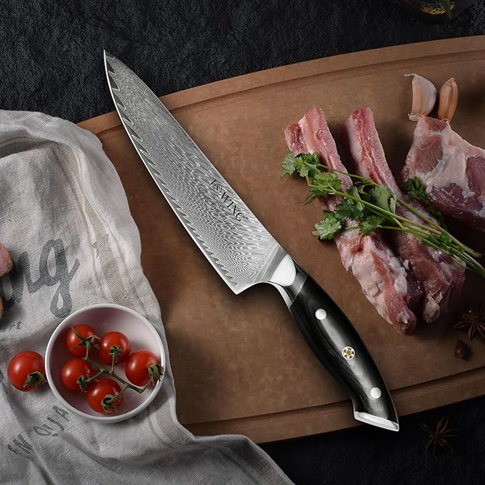 High Carbon Stainless Steel 8" Japanese Chef Knife, VG10 Steel Damascus Kitchen Knife, Professional Black Forged Kitchen Knives with Ergonomic Handle