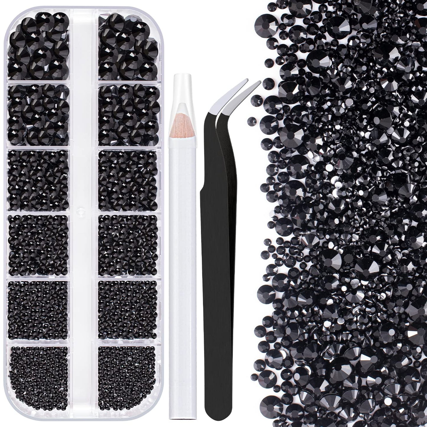 One Pack 2000 Pcs of Flatback Round Black Rhinestones 6 Sizes (1.5-6 mm) with Nail Art Rhinestone Picker Pencil and Tweezers for
