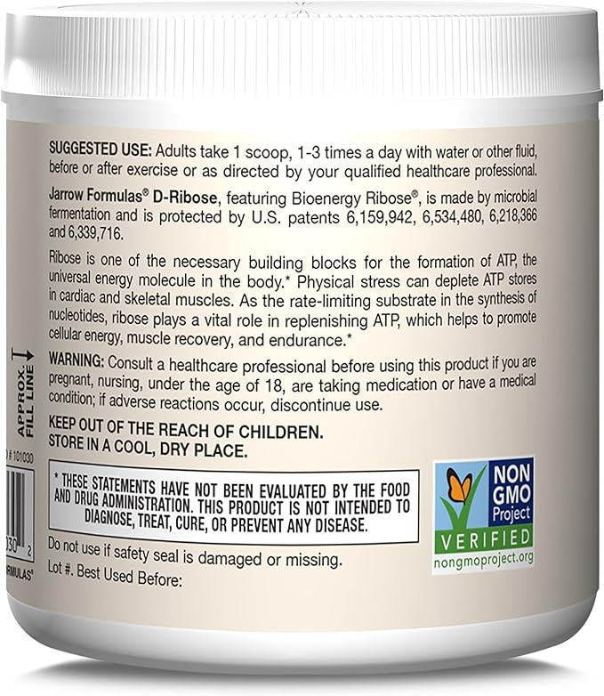 Jarrow Formulas D-Ribose 2 Grams, Dietary Supplement, Fitness Support, Muscle Recovery and Endurance, 7.05 oz, Up to a 90 Day Supply