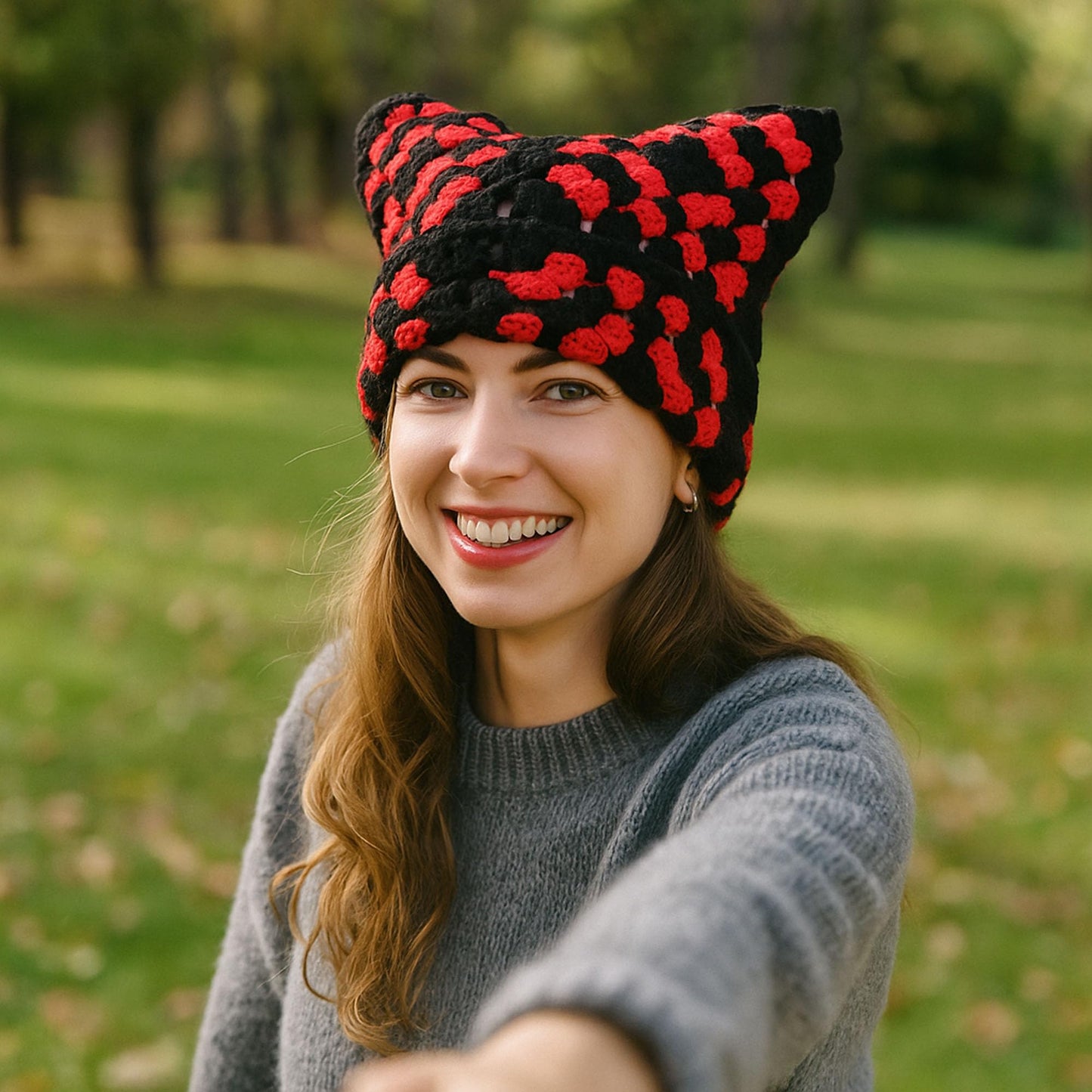 Crochet Hat for Women Cute Beanie Hat Cat Ears Cap Autumn and Winter Handmade Knitted Kawaii Slouchy Mixed Color (US, Numeric, 6 3/4, 7 1/2, Black and Red)