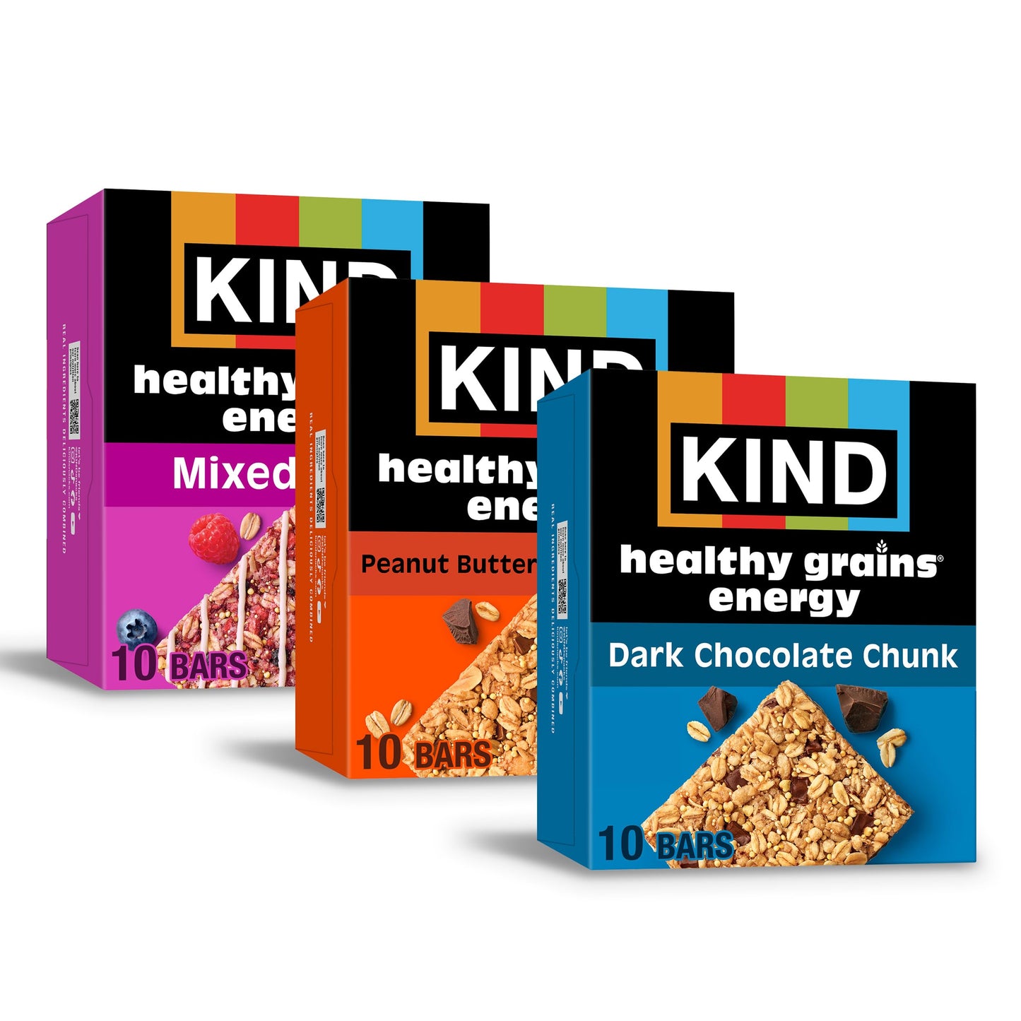KIND Healthy Grains Energy Bars 30ct Variety Pack, Dark Chocolate Chunk, Peanut Butter Dark Chocolate, and Mixed Berry, 18-21g W
