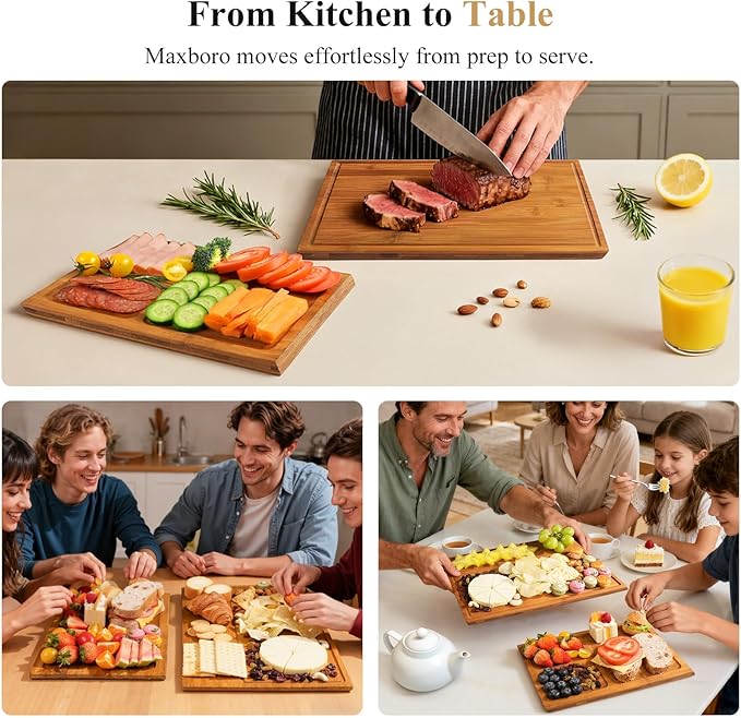 Bamboo Cutting Board Set, 2PCS Double-Sided Chopping Boards for Kitchen Meal Prep & Serving, Charcuterie, Juice Grooves & Side Handle, Ideal for Meat, Vegetables, Kitchen Essentials