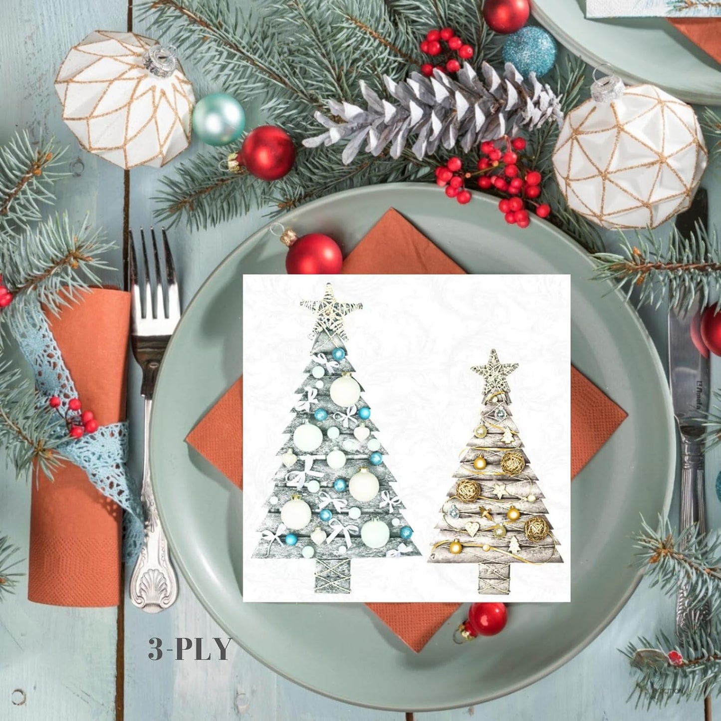 20-ct 13x13 Christmas Paper Decoupage Napkins, 3-Ply Servilletas Tissue Napkin for Dinner and Parties, Disposable Napkins (Trees Xmas)