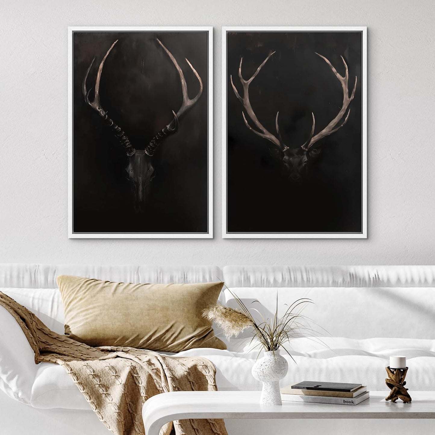 SIGNWIN Framed Canvas Print Wall Art Rustic Antler Skull Dark Dramatic Black Vintage-Inspired Deer and Elk Antlers Illustrations Decorative for Living Room, Bedroom, Office - 16"x24"x2 White