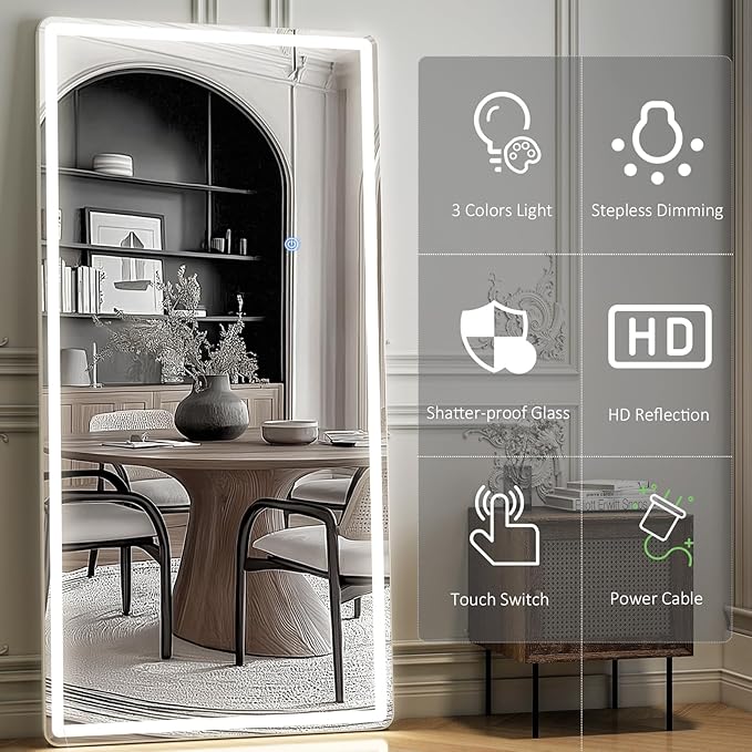 GLSLAND 26"x68" LED Full Length Mirror - Full Body Mirrors with Lights Dimmable 3 Color Lighting Floor Standing Mirror Hanging for Bedroom Living Room Cloakroom,White