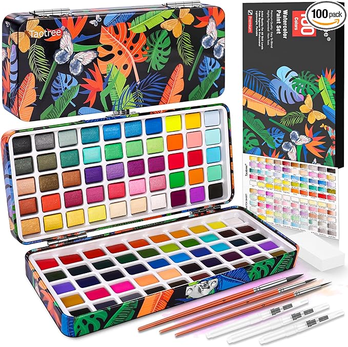 Taotree Watercolor Paint Set 100 Colors, Art Supplies Watercolors Kit Travel Water Colors with 3 Paints Brushes, Crafts Painting Supplies, Drawing Christmas Gifts for Adults Artist Drawing, Painting