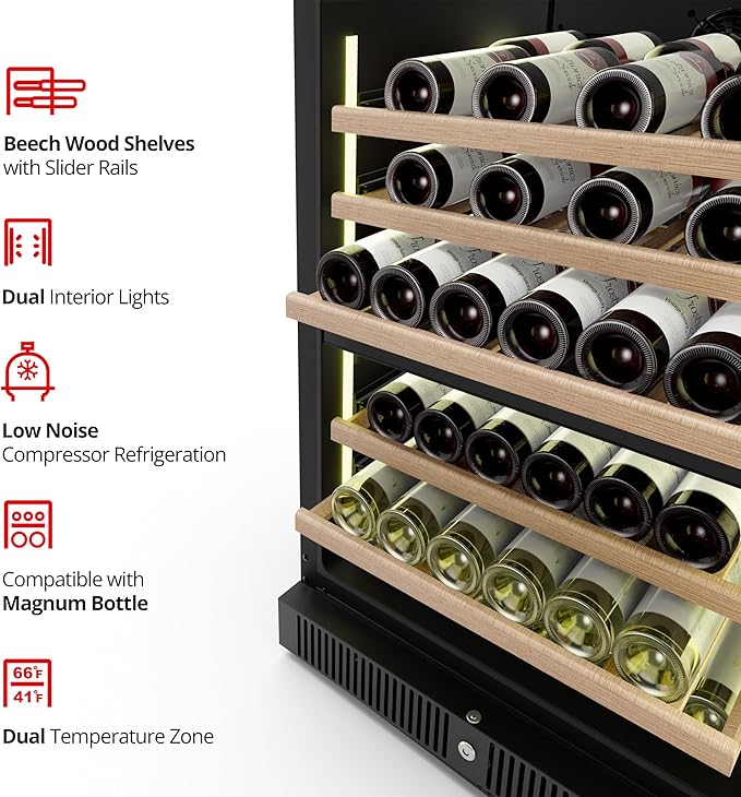 24 Inch Dual Zone Wine Refrigerator, 51 Bottles Under Counter Built-In or Freestanding Wine Cellar, Wine Cooler with Quiet Compressor Cooling and Reversible Glass Door, Fits Large Bottle