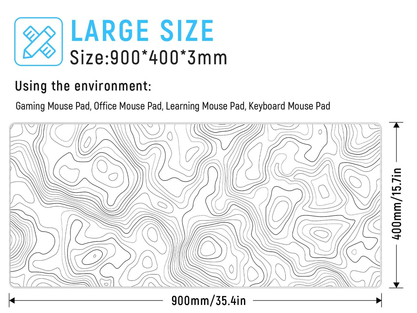 JIALONG White Topographic Large Gaming Mouse Pad, XXL Mousepad, Big Mouse Mat Desk Pad for Keyboard and Mouse, Gaming Computer Laptop PC Desk Office Accessories