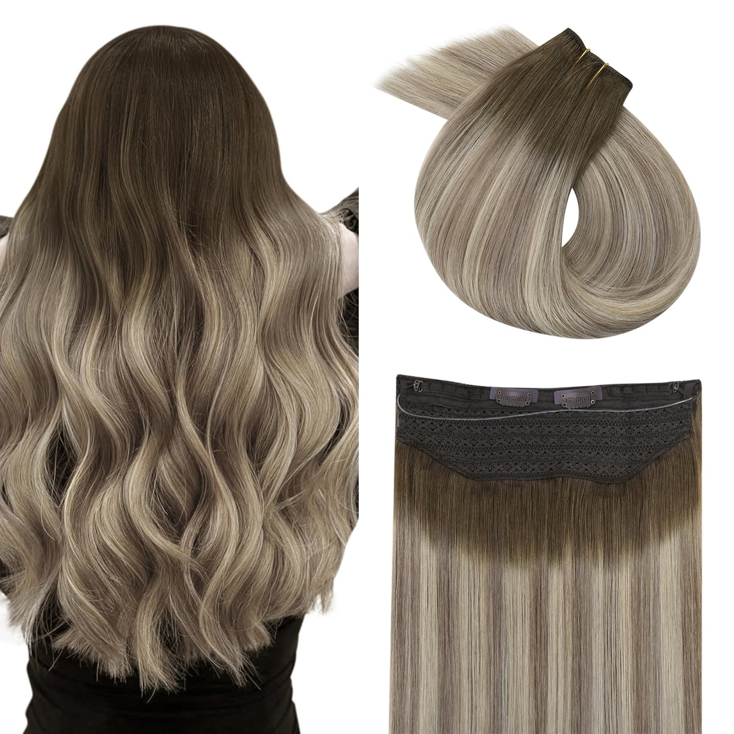 Easyouth Wire Human Hair Extensions Balayage Invisible Wire Extensions Real Human Hair Dark Brown Ombre Light Brown with Blonde