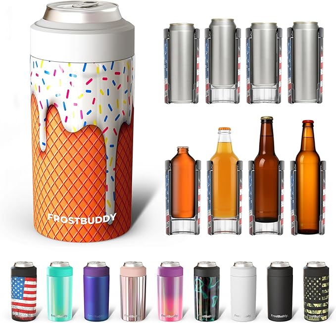 Frost Buddy Universal Can Cooler - Fits all - Stainless Steel Can Cooler for 12 oz & 16 oz Regular or Slim Cans & Bottles - Stainless Steel (Vanilla Ice Cream)