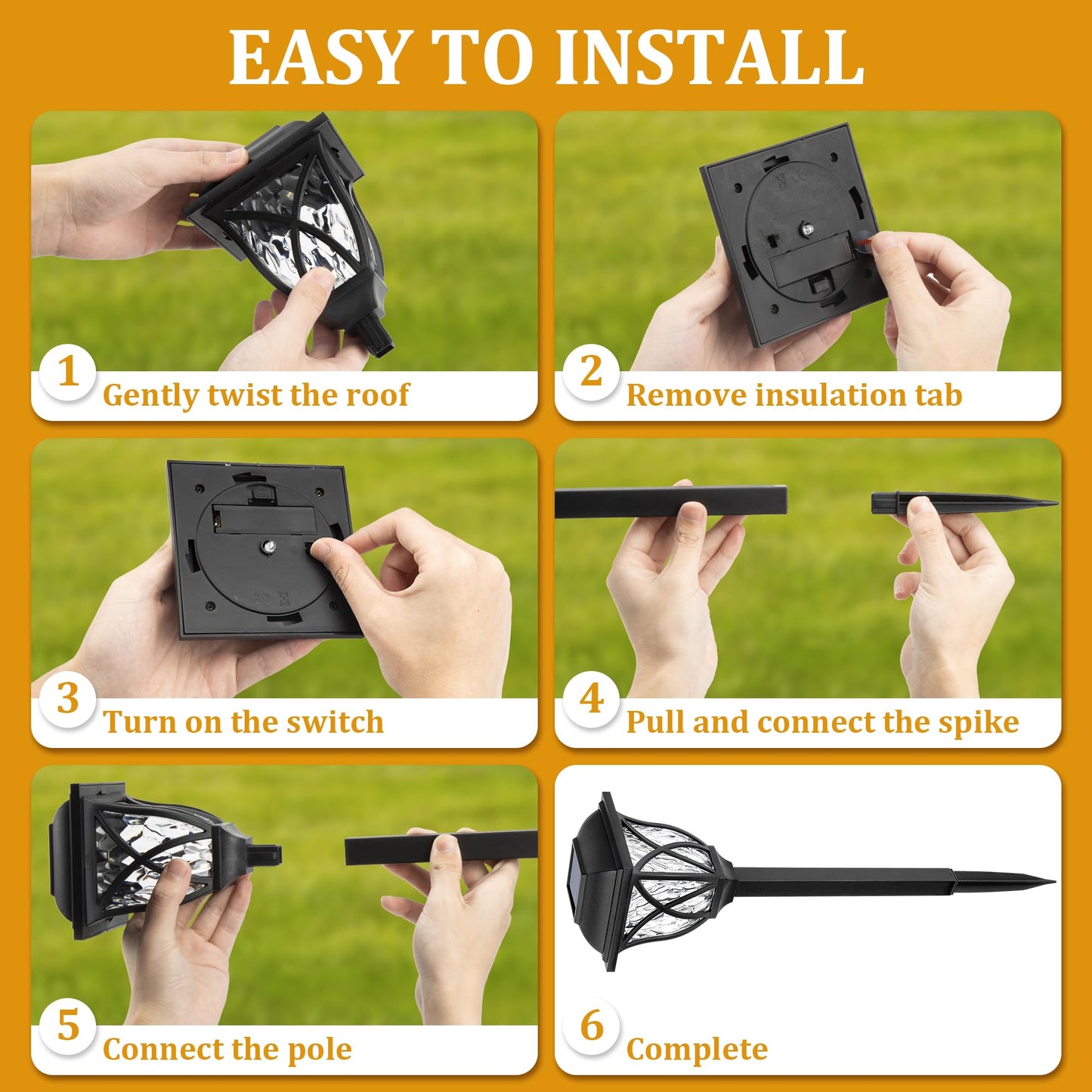 GIGALUMI 6 Pack LED Solar Outdoor Lights, Waterproof Decorative Pathway Lights, Warm White, Model 6994, Black