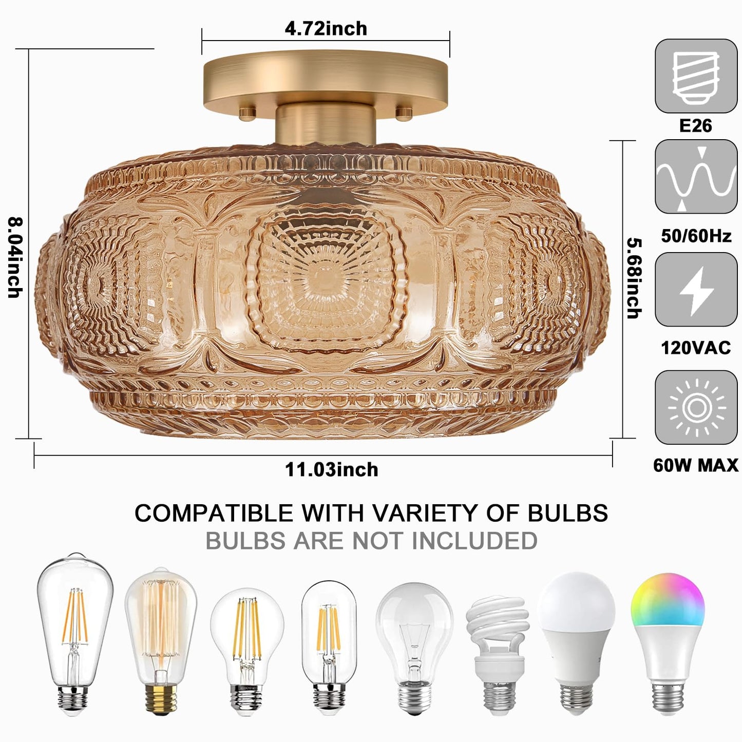 Oykyohei Semi Flush Mount Ceiling Light  Upgraded Larger Amber Glass Ceiling Light Fixture  Vintage Lighting For Hallway Kitchen Bedroom Dining Room  Bulb Not Included