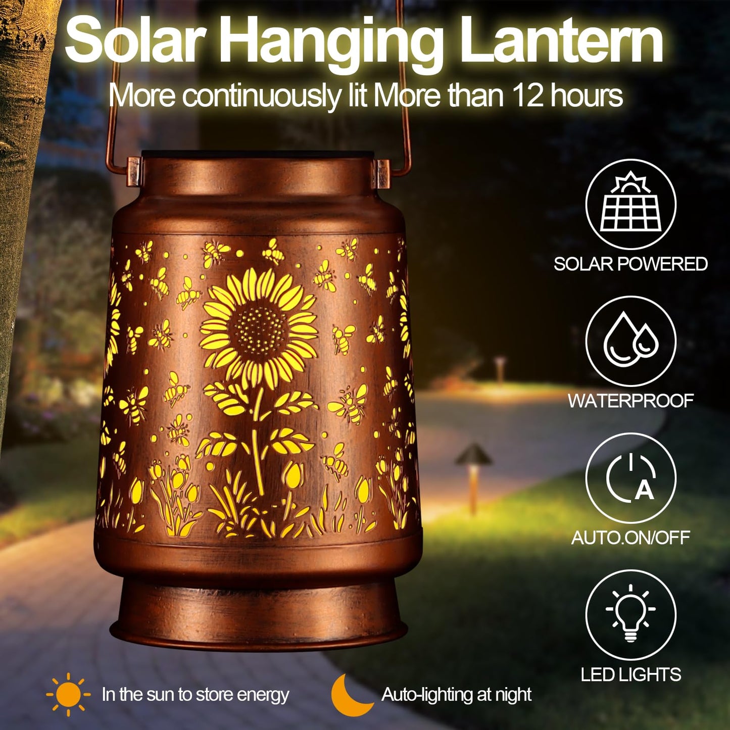 Solar Lantern Outdoor Hanging Waterproof Outside Metal Openwork Hummingbird Pattern Birthday Gifts For Women Mom Landscape Lights For Porch Garden Yard Patio Pathway Decor(Sunflower + Bee)