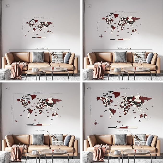 Colorfull Worlds 3D Wooden World Map Wall Art | Unique Wall Decor with Pins for Travel Enthusiasts | Home and Office Wall Décor | Burgundy | Medium
