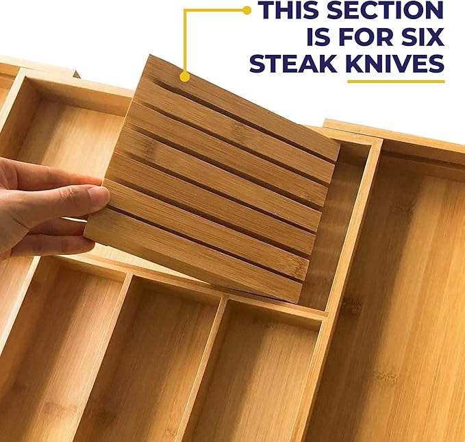 NEW Bamboo Wood Drawer Organizer with Silverware and Knife Block - 12.75-22 x 17 x 2 In (Brown)