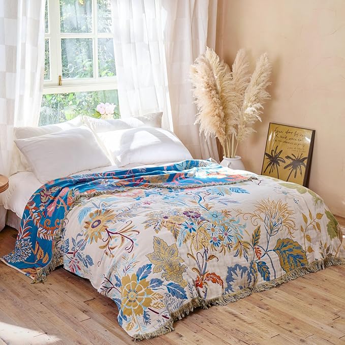 MSGKV Boho Throw Blanket for Couch Cotton Floral Blanket 50"x60" Throws for Sofa Chair Muslin Breathable Lightweight Farmhouse Blankets Home Decor All Seasons