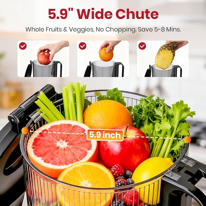 ZeroPrep Cold Press Juicer Machine, 5.9" Wide Feed Chute Juice Extractor, 80 oz Large Hopper, Easy to Clean & High Juice Yield, BPA Free, Slow Masticating Juicer for Whole Fruits & Vegetables