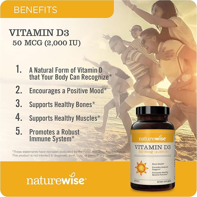 NatureWise Vitamin D3 2000iu (50 mcg) 30-Day Supply for Immune Support, Healthy Muscle Function, and Bone Health - Non-GMO, Gluten Free in Organic Extra Virgin Olive Oil, (Mini Softgel), 30 Count