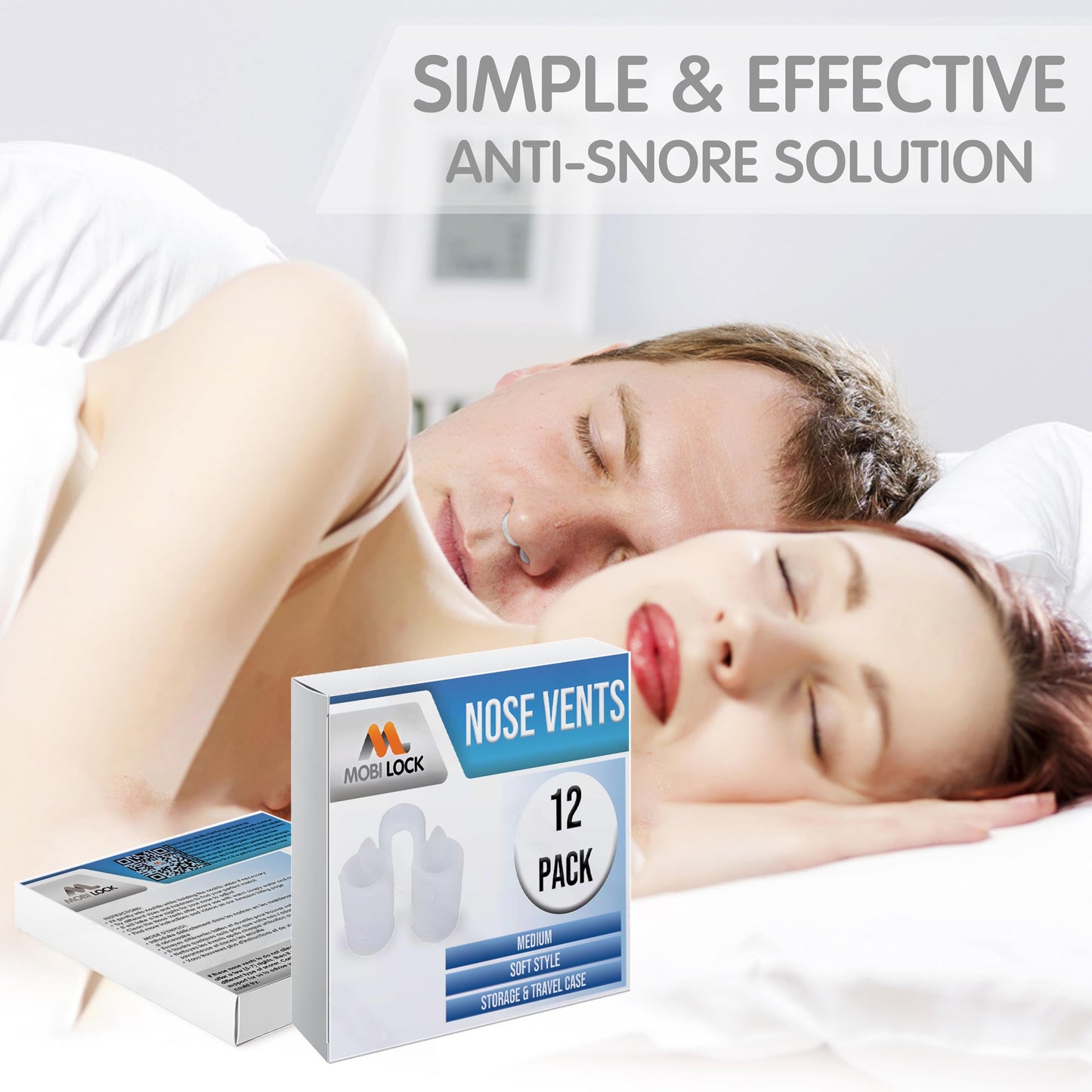 Nose Vent Sinus Relief Dilator (Pack of 12 Medium Size) Soft Vents - A Simple Solution for Nasal Snorers - Reusable Snoring Device to enjoy a peaceful night's sleep - by Mobi Lock