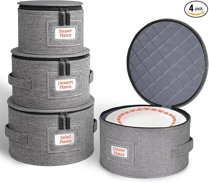Cirhy China Storage Containers, 4 Piece Rigid-Shell Dinnerware Storage with Felt Dividers, Stackable Fine China Storage for Plates, Bowls, Glassware, Kitchen Dish Organizer for Moving