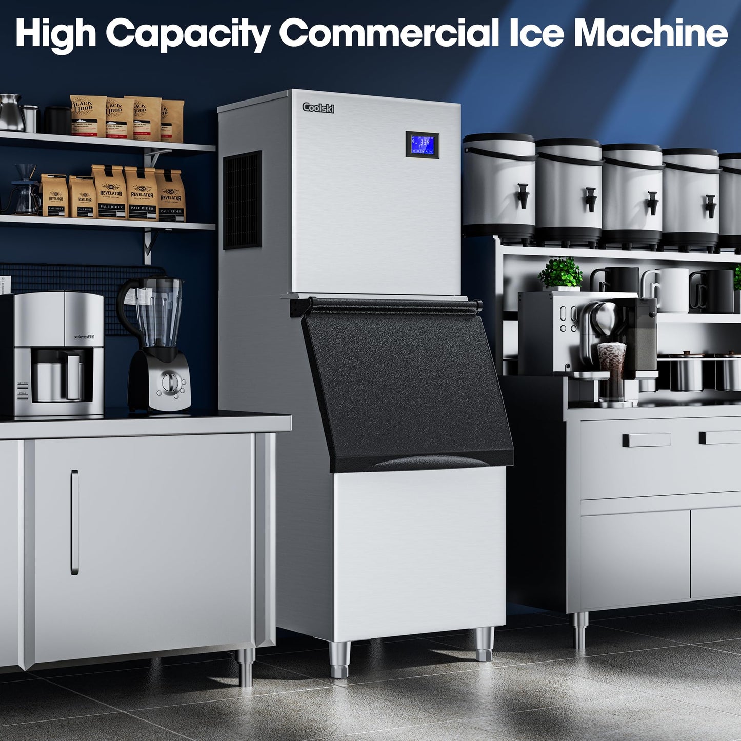 Coolski Commercial Ice Machine 420LBS/24H, 22”W Industrial Ice Maker with Large Storage Bin, Fast Ice Making, Upgraded Water Filters, DOE & ETL Certified, Ideal for Restaurants/Bars/Hotels