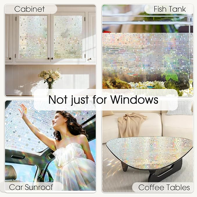 Windimiley Rainbow Window Privacy Film, 3D Stained Glass Christmas Decorative Window Clings, UV Heat Blocking Holographic Prism Stickers for Home (23.6 x 394In,Pure)