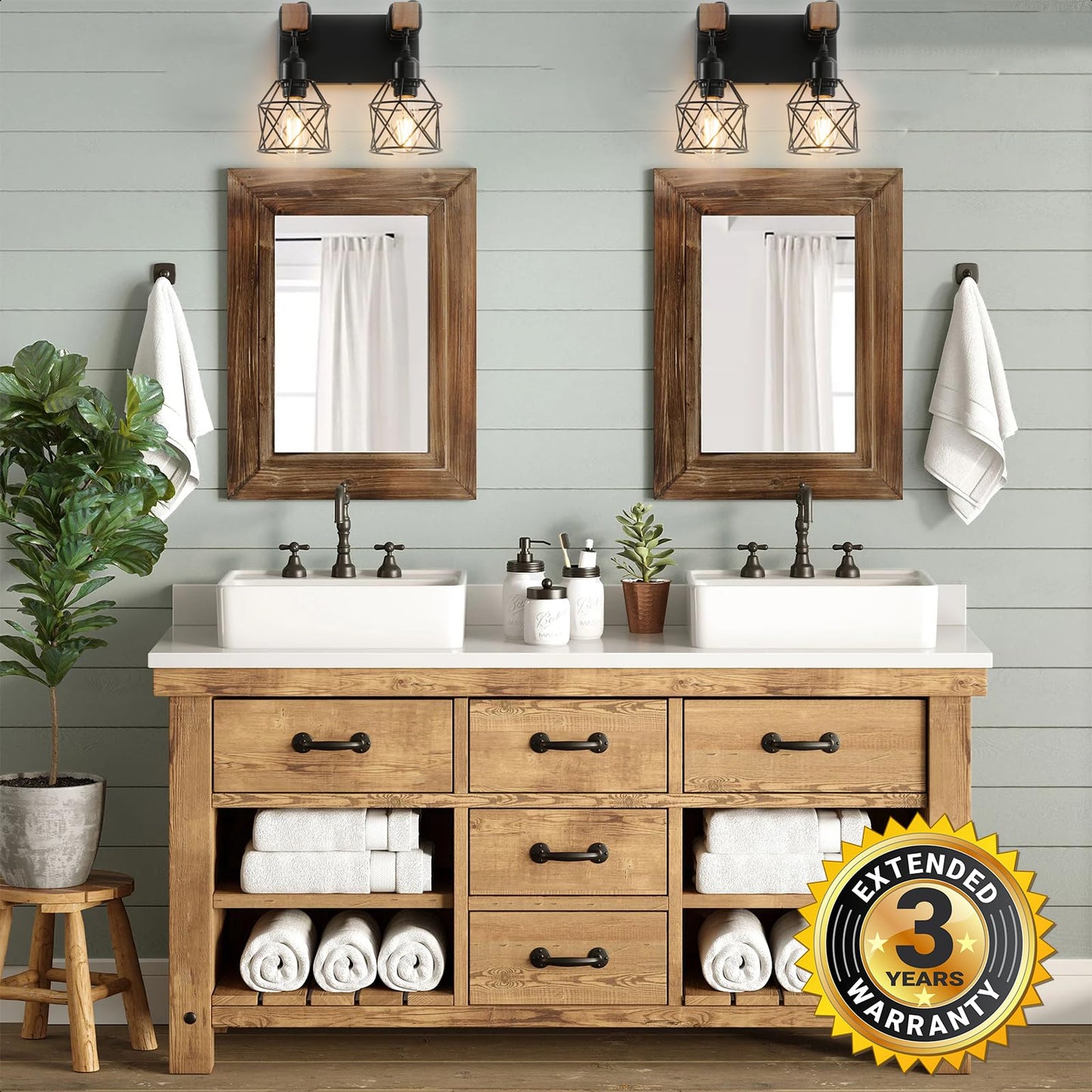 Farmhouse Vanity Light Fixture 2-Light Bathroom Lighting Black Industrial Wood Wall Light Over Mirror With Metal Shade