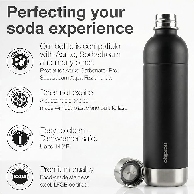 Stainless Steel Carbonating Bottle 33 oz | Compatible with Aarke Carbonator 3, Sodastream (Excl. model Aqua Fizz + Jet) and many others| Dishwasher Safe, No Expiration Date, BPA-Free