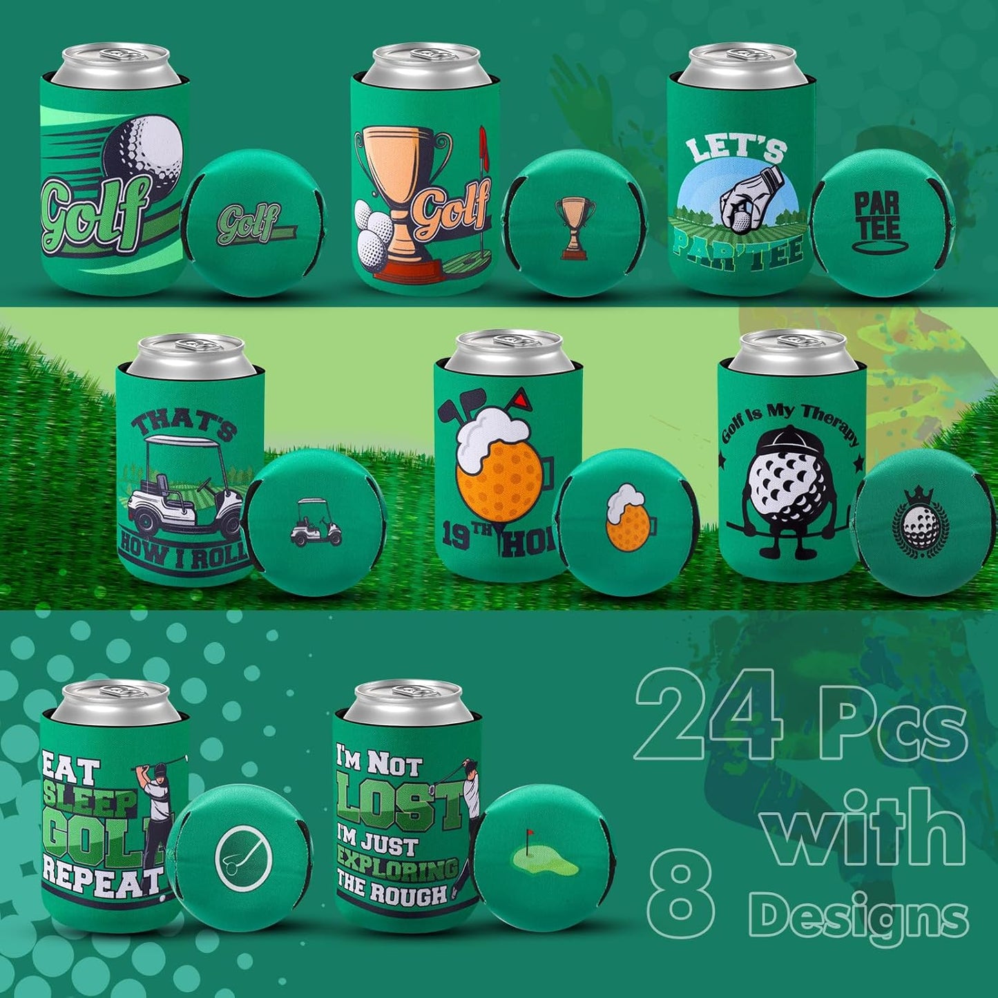 Layhit 24 Pcs Funny Golf Themed Can Cooler Hole in One 12 oz Can Sleeve Bulk Golf Gifts Reusable Insulated Neoprene Cup Holder for Golfer Game Party Bachelor(Standard)