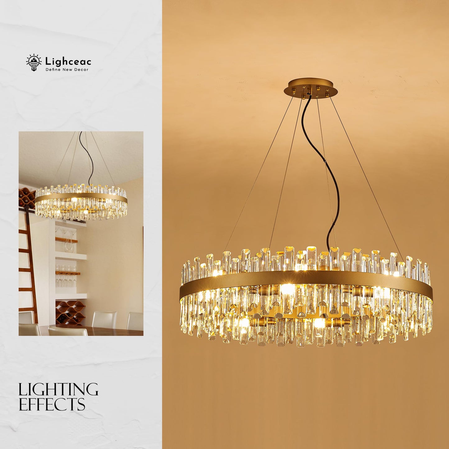 Lighceac 31.9 Gold Modern Crystal Chandelier Light Fixtures stylish 2 Rings Crystal Chandeliers For Dining Room 16-Light Round Hanging Pendant Lighting For Living Room Kitchen Island Entryway Bedroom