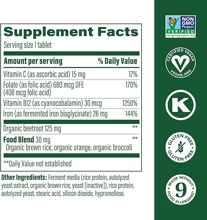 MegaFood Blood Builder Iron Supplement Clinically Shown to Increase Iron Levels Without Side Effects, Vegan Supplement For Women with Vitamin C, Vitamin B12 & Folic Acid, 90 Tablets