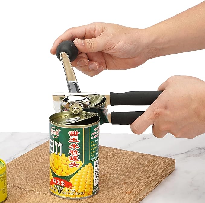 Heavy Duty Manual Can Opener Smooth Edge, Hand Crank Cans Opener for Adults Seniors, Kitchen Camping Tools, Stainless Steel, Black