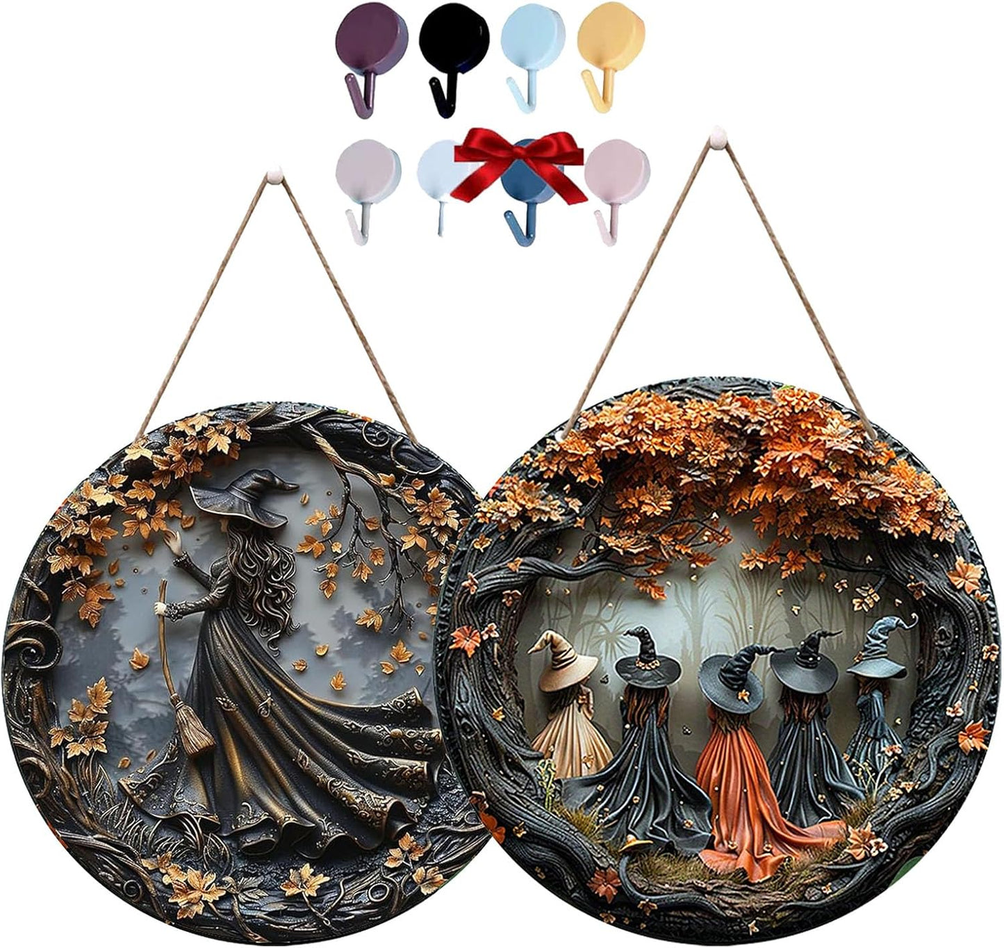 Fanyil/Olygee/Sherum/Shirem/Pubyfun/Glosrity/Libilin/Graddi/Solymody/Gowebs/Goredny/Vianys Witching Hour, Door Way Hanging Decor Halloween, 2D Wooden Round Witches Sign (A+B, ‎7.87")