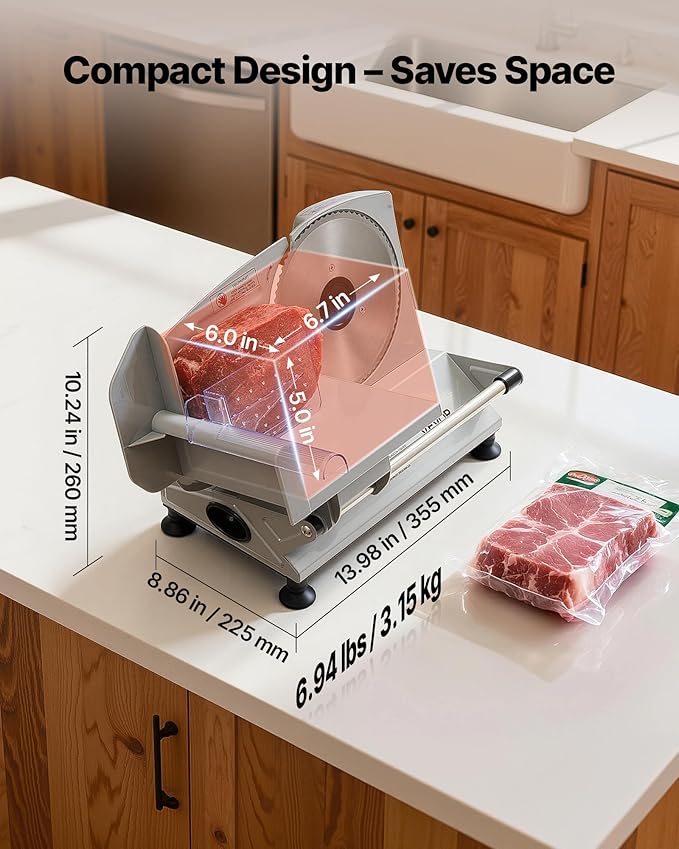 VEVOR Meat Slicer, 6.7 inch 150W Electric Deli Slicer Machine with 2 SUS420 Blades, 0-0.6 inch Adjustable Thickness, ETL Certified Home Food-Slicer for Meat, Ham, Baguett, Steak