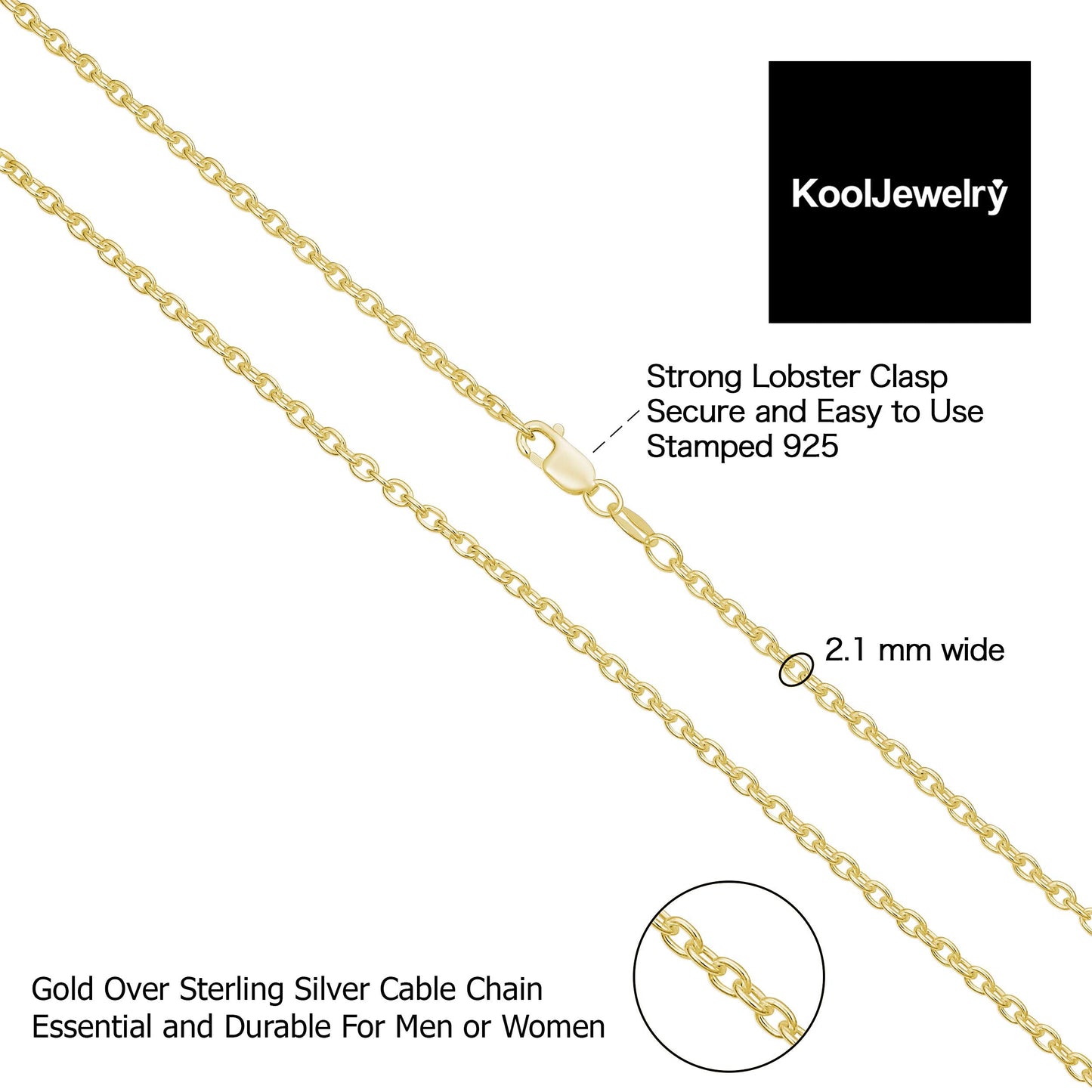 Kooljewelry Yellow Gold Over Sterling Silver Round Cable Chain Necklace (2.1 mm, 24 inch)