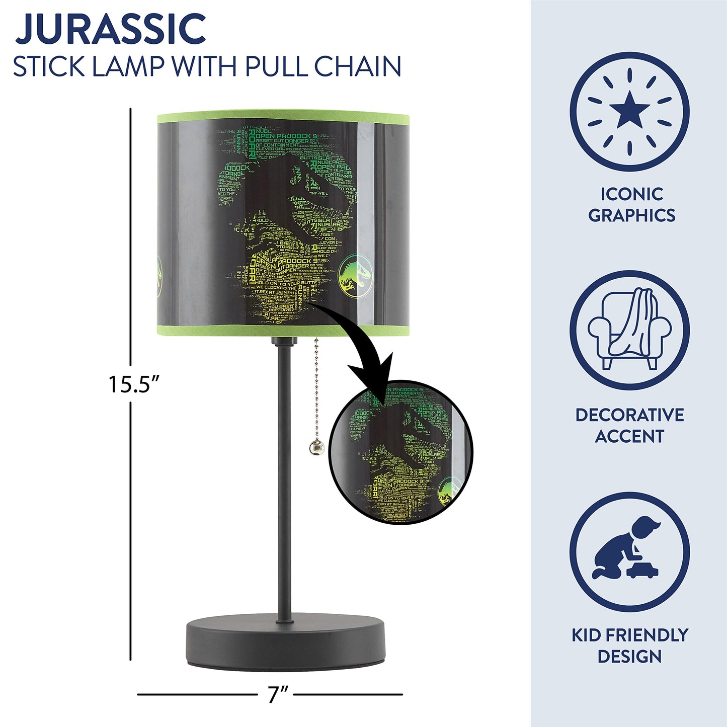 Idea Nuova Jurassic World Stick Table Kids Lamp, Metal, Themed Shade, Pull Chain, Model Nk430350