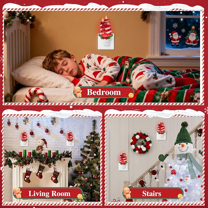 2 Pack Christmas Candle Night Light Plug into Wall Glitter Water Nightlight with USB/Outlet Options, Christmas Decorative Nightlight for Bedroom Kitchen Nursery Holiday Decorations Gifts (Red Candle)